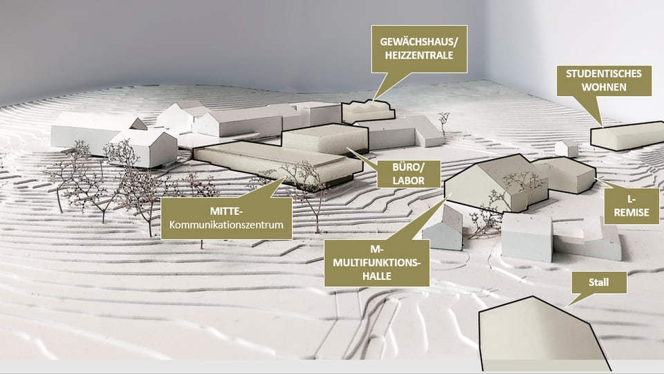 Eine Visualisierung der Erweiterung des Forschungsinstitutes. Auf dem Bild ist in Olivgrün und Grau dargestellt, wie der Bau einmal aussehen soll.