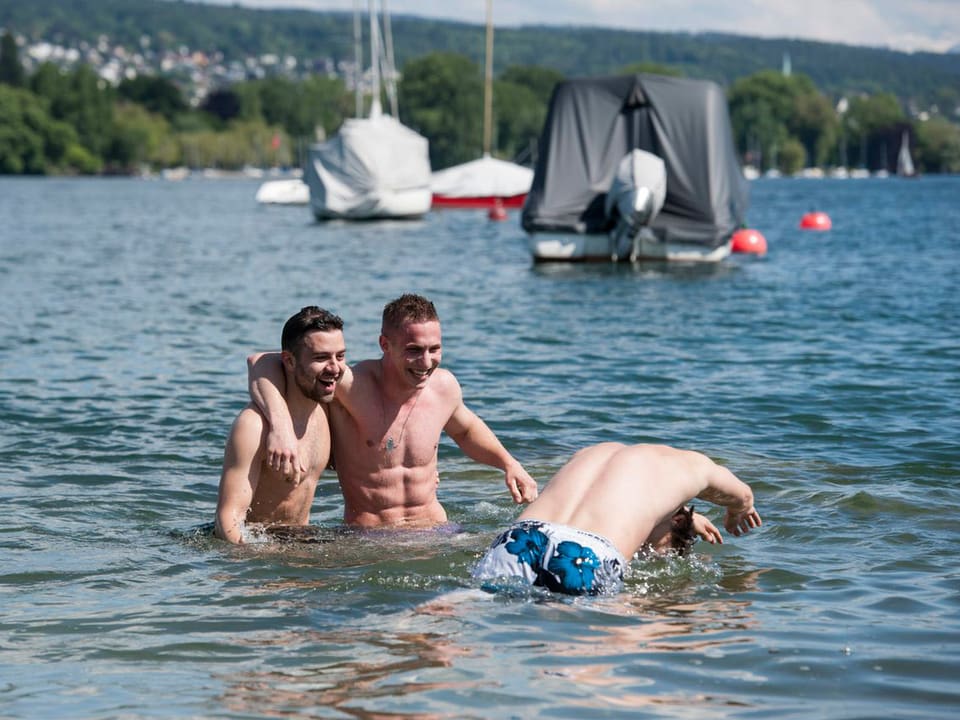 Zu sehen sind drei junge Männer im Zürichsee. Zwei halten sich, einer ist im Begriff abzutauchen.