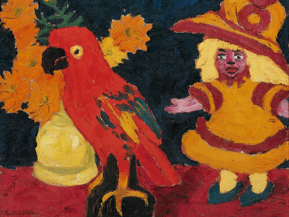 Ein Gemälde mit einem roten Papagei und einer Puppe.