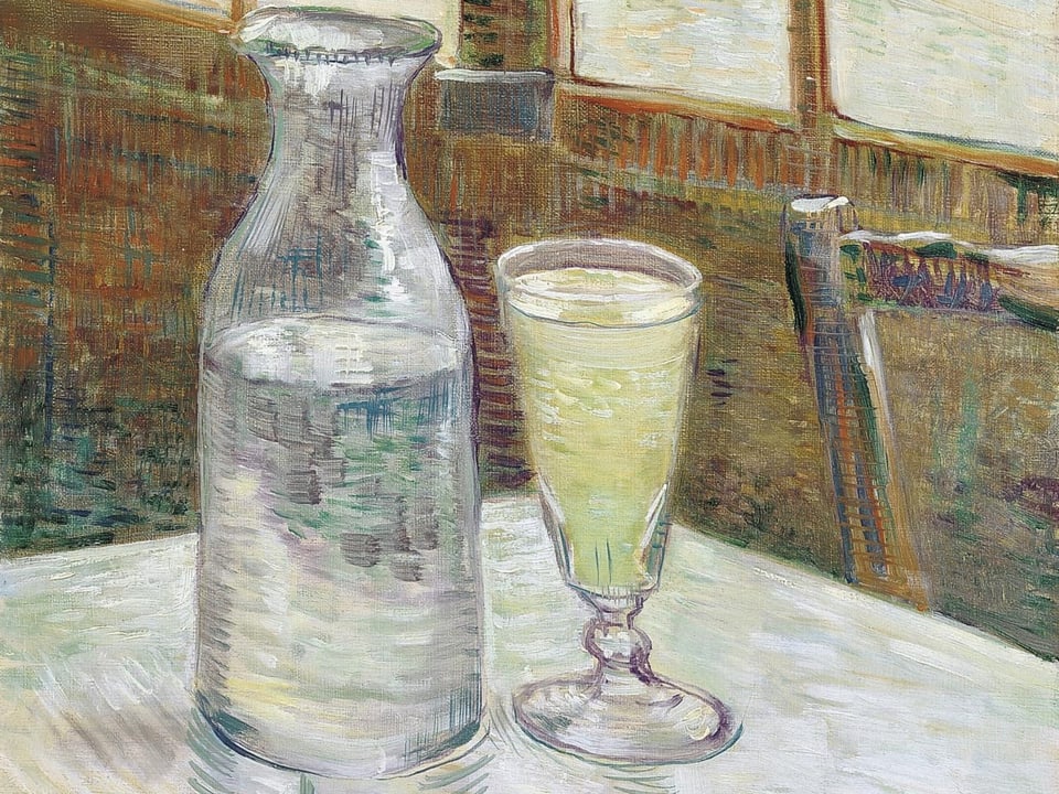 Malerei, weisse Tischkante, Glaskaraffe, daneben ein Glas mit hellgrüner Flüssigkeit.