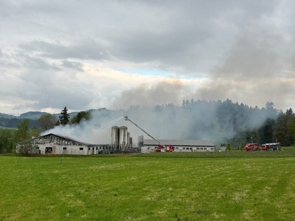 Brennende Scheune mit Feuerwehreinsatz im ländlichen Gebiet.
