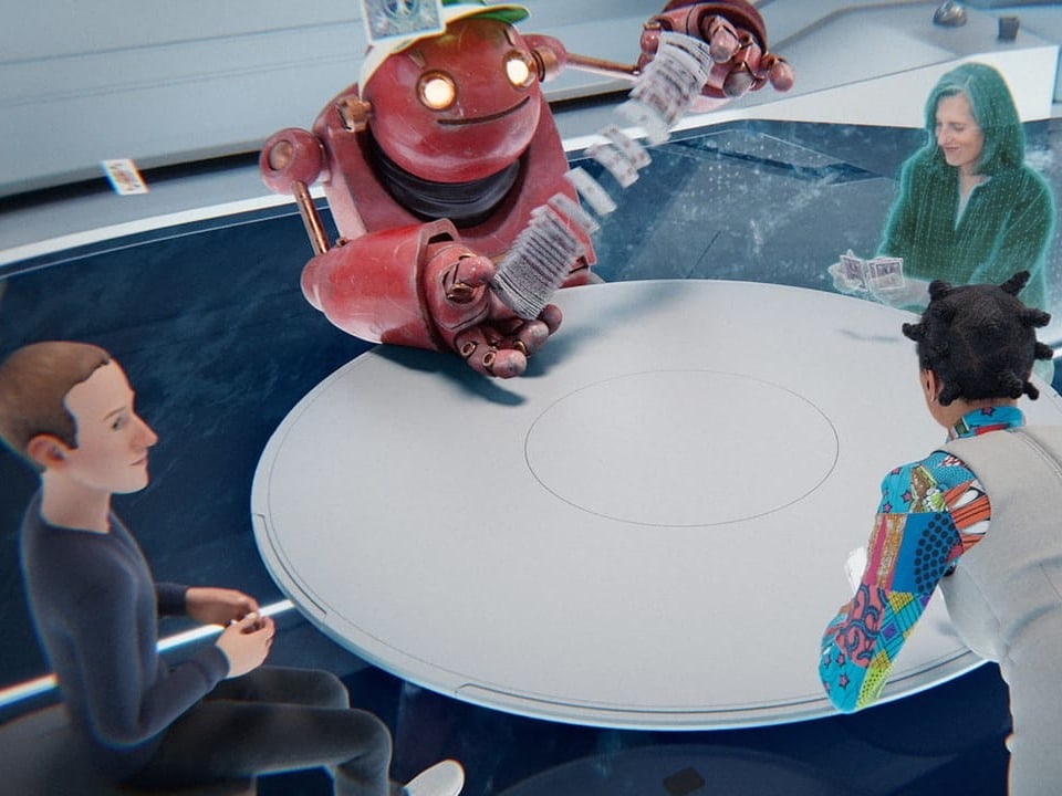 Standbild eines virtuellen Raums im Metaversum, an einem Tisch sitzen vier Avatare und spielen Karten