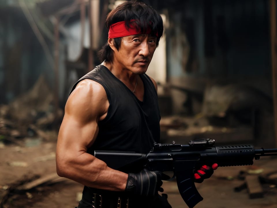 Von künstlicher Intelligenz erstelltes Bild vom Schauspieler Jackie Chan mit rotem Stirnband und einer Waffe in der Hand