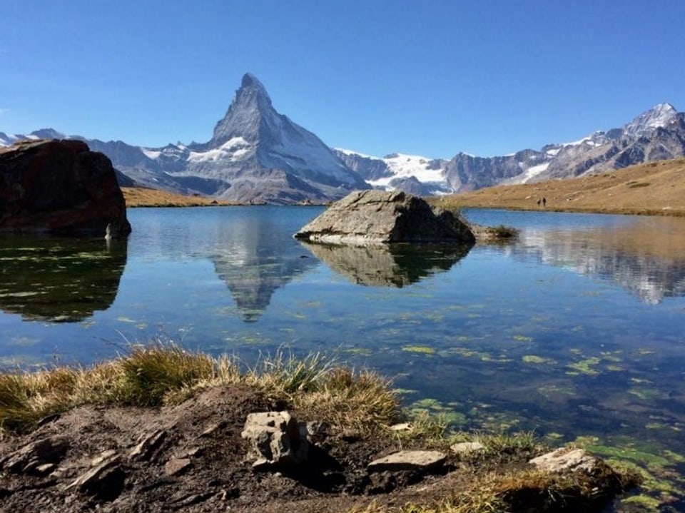Hinter dem Stellisee erhebt sich vor einem wolkenlosen Himmel das Matterhorn.