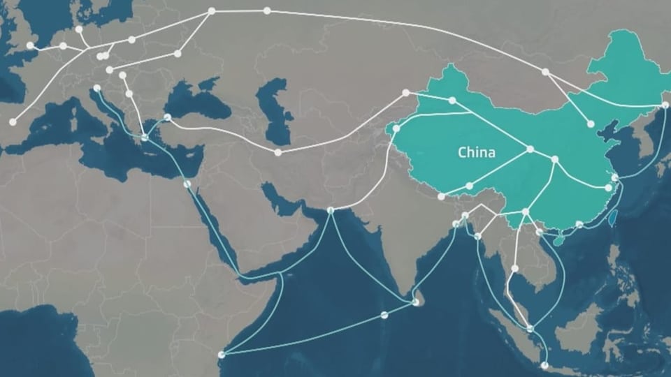 Die Karte zeigt die vielen Handelsrouten, die das Projekt zwischen Asien, Europa und Afrika umfasst.