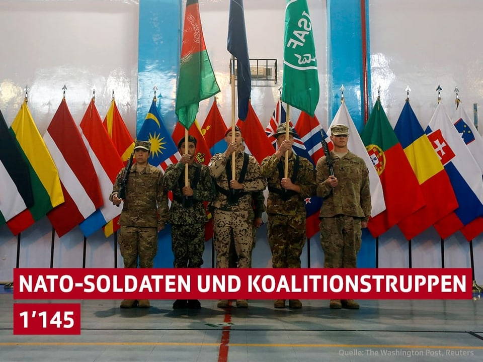 Soldaten mit Fahnen der Nato- und Koalitionstruppen.