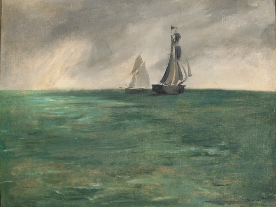 Gemälde eines Meeres mit zwei Booten. 