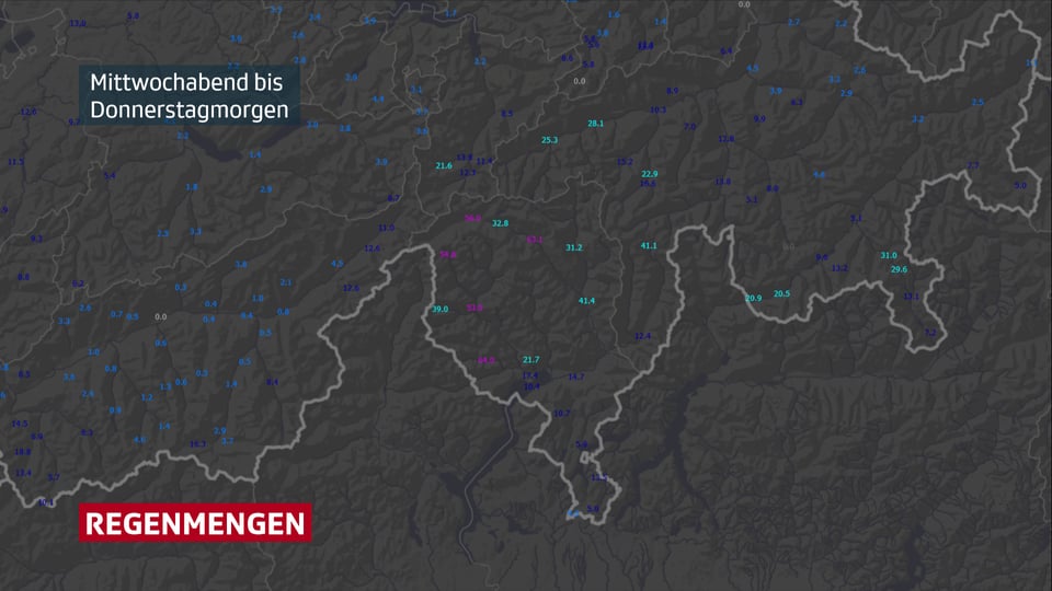 Auf einem Kartenausschnitt des Tessins und Graubündens stehen die Regenmengen, die an den einzelnen Stationen gemessen wurden.
