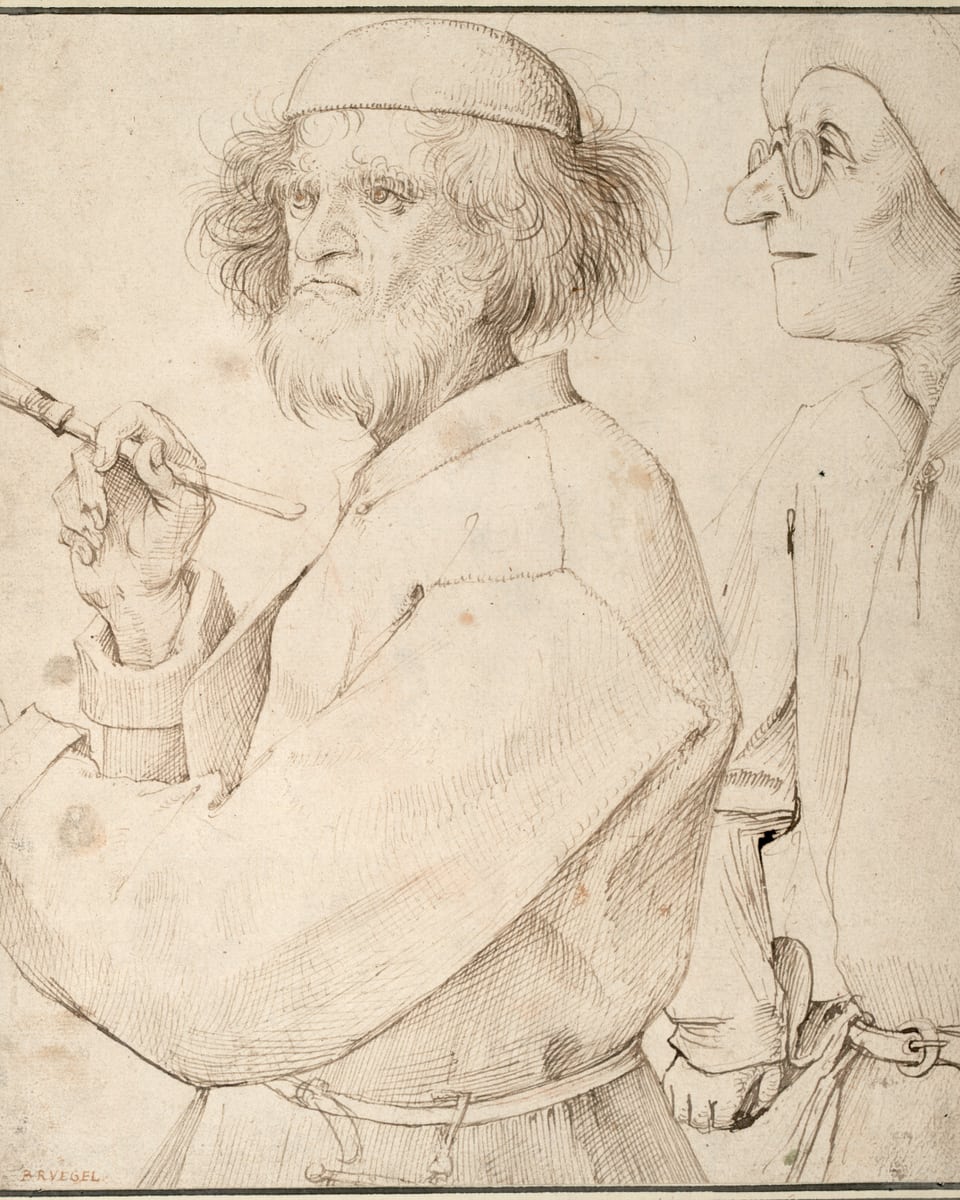 Man sieht die Zeichung «Maler und Käufer» von Pieter Bruegel d. Ä.