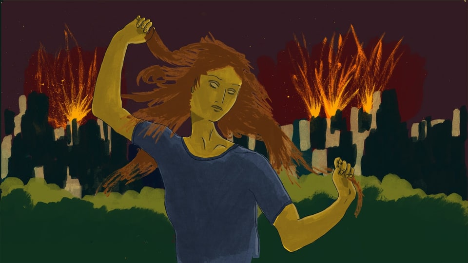 Illustration einer jungen Frau mit geschlossenen Augen, die sich vor einer brennenden Stadt die Haare rauft.