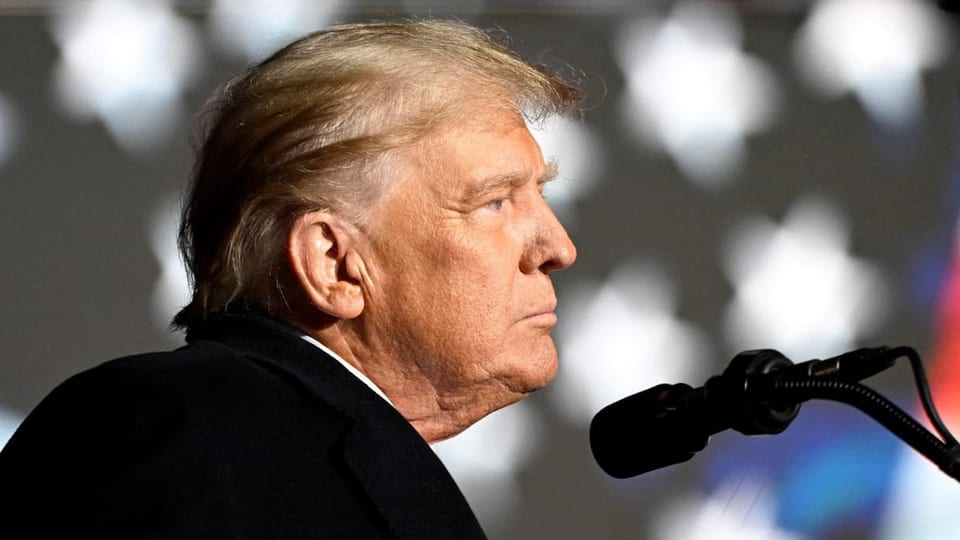 Der ehemalige US-Präsident Donald Trump steht vor einer US-amerikanischen Flagge an einem Mikrofon.