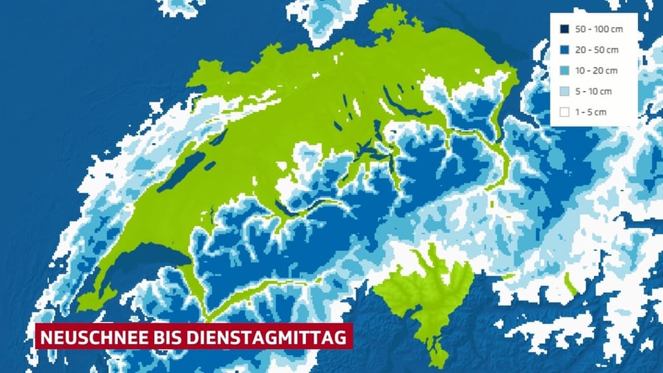 Karte der Schweiz mit den erwarteten Neuschneehöhen bis Dienstagmittag