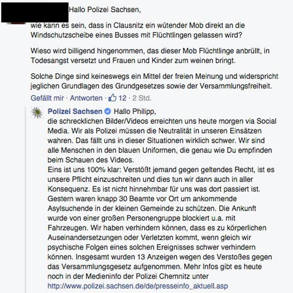 Antwortschreiben der Polizei Sachsen auf eine Anfrage auf Facebook