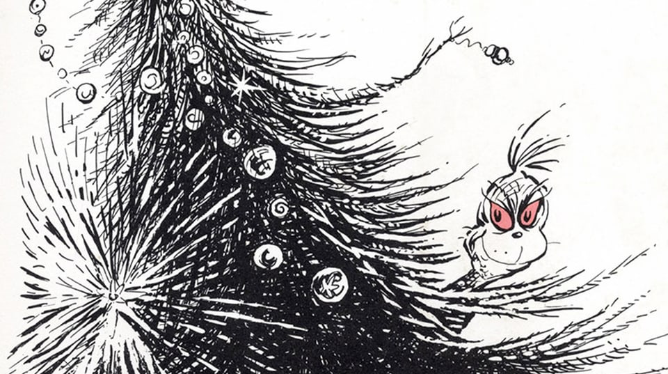 Die Kinderbuchfigur Grinch hinter einem Weihnachtsbaum.