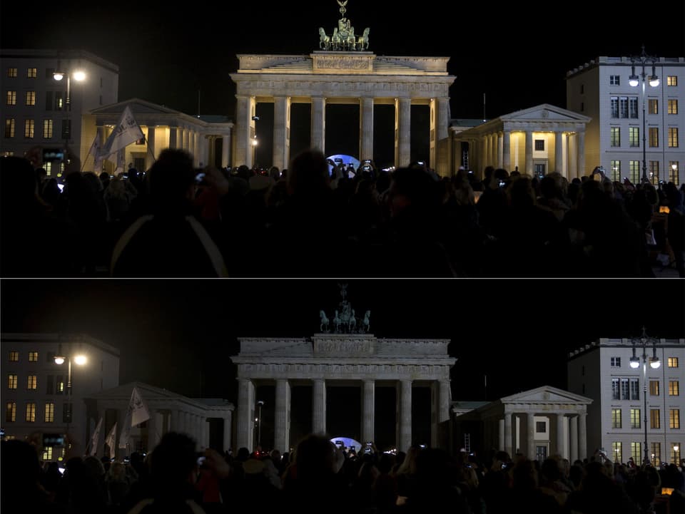 Das Brandenburger Tor in Berlin, mit und ohne Licht.