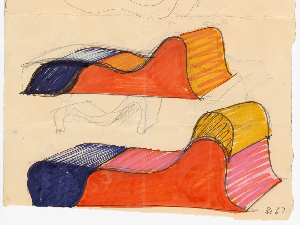 Eine Skizze zeigt zwei bunt eingefärbte, wellenförmige Blöcke.