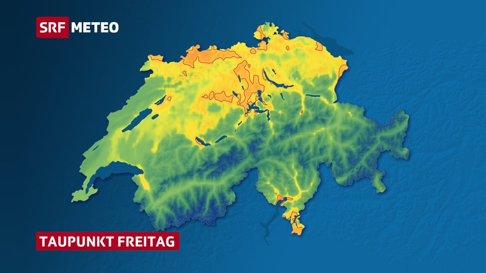 Karte der Schweiz mit farbig eingezeichnetem Taupunkt. Orange Fläche zeigen einen Taupunkt über der Schwüle-Grenze in der Nordwest- und Zentralschweiz sowie in Teilen des Tessins.