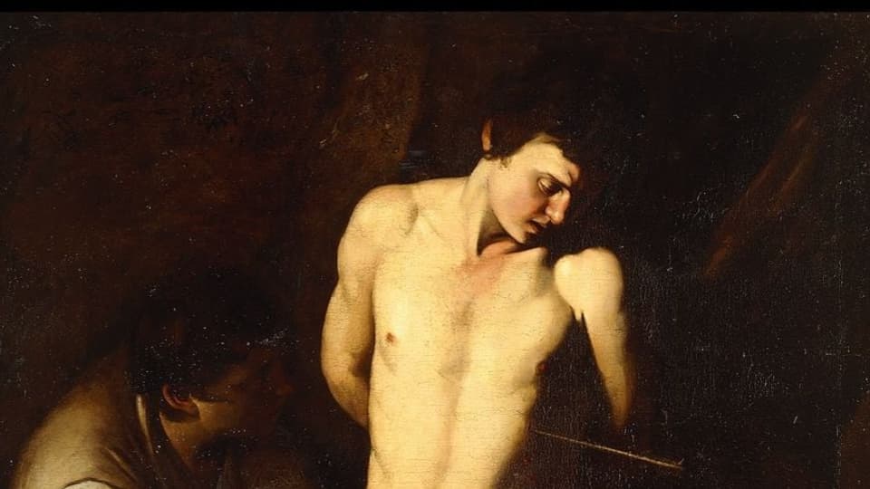 Gemälde eines Mannes mit nacktem Oberkörper.