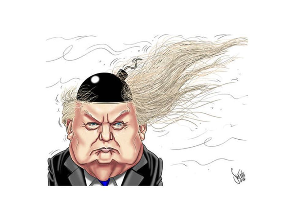 Eine Zeichnung von Donald Trump, aus dessen Kopf eine Bombe ragt.