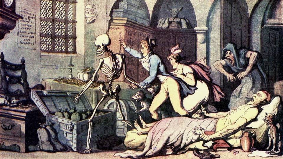 Menschen verscheuchen vor dem Totenbett den Tod in Form eines Skeletts.