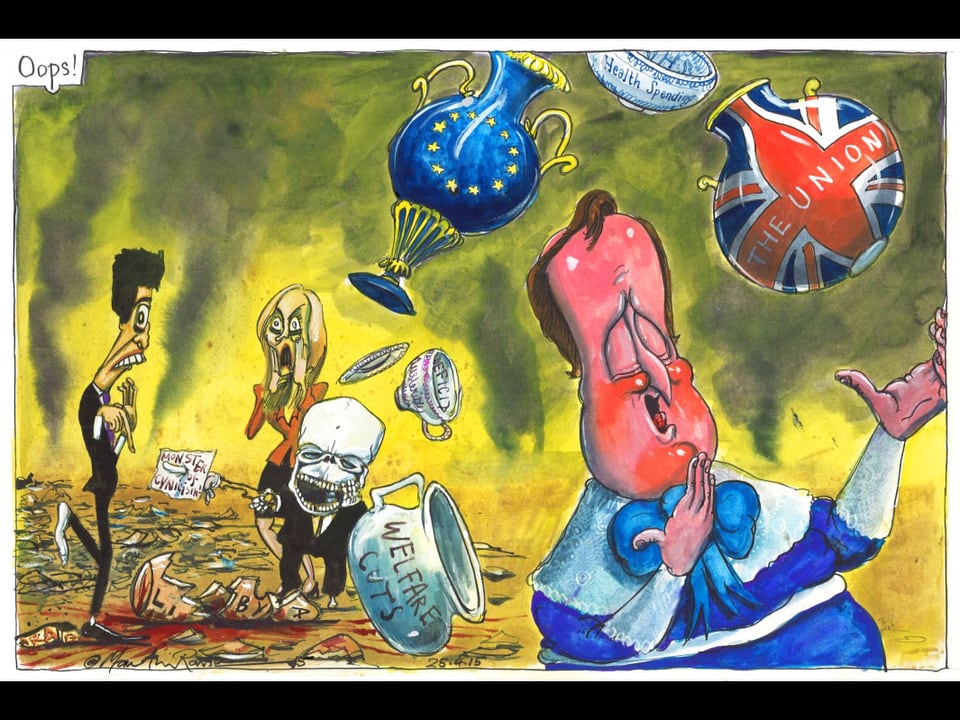 David Cameron wirft mit verschiedenen Vasen. Auf einer steht EU.