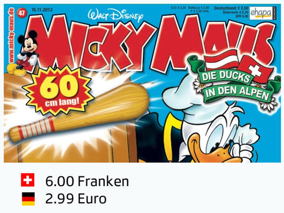 Titelblatt Micky Maus mit Preisvergleich Franken / Euro.