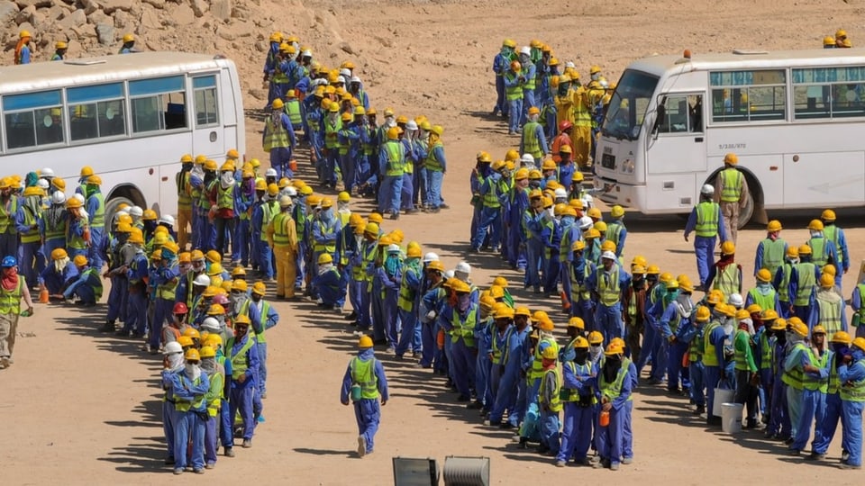 Bauarbeiter in Katar stehen neben Bussen.