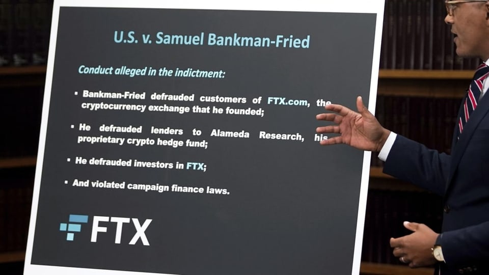 Die Anklagepunkte gegen FTX auf einer grossen Tafel aufgelistet.