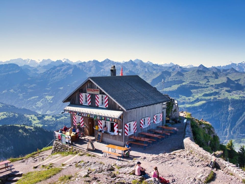 Berggipfel mit Hütte, rundum Blick auf wolkenloses Alpenpanorama