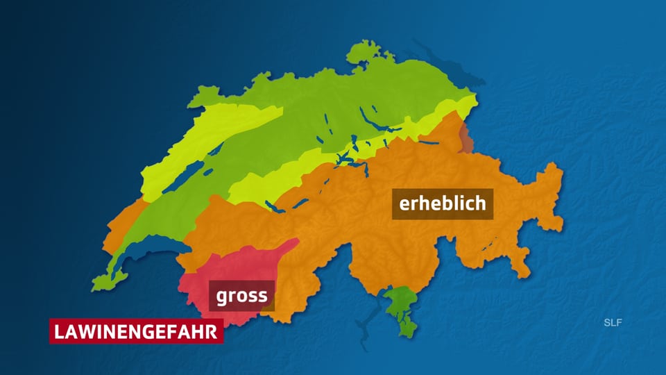 Schweizer Karte mit eingezeichneter Lawinengefahr, verbreitet erheblich im Alpenraum, im Wallis teils gross
