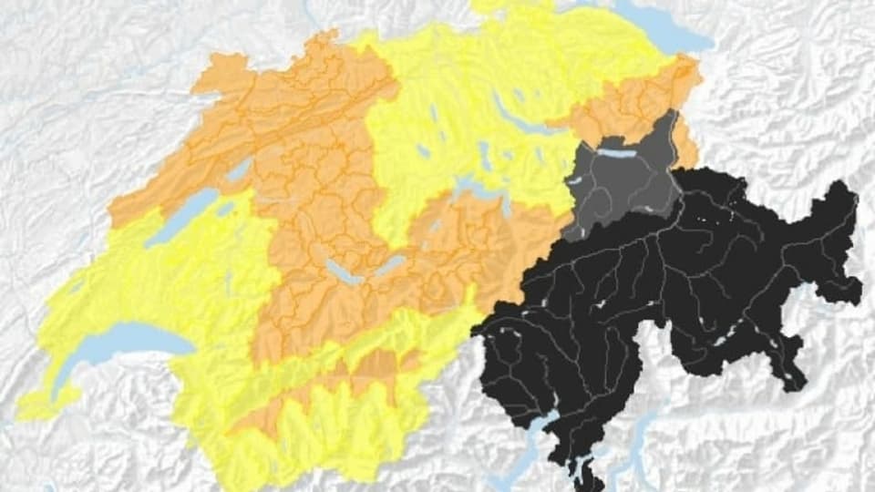 Schweizer Karte, Glarus und Graubünden grau resp. schwarz wegen hoher Waldbrandgefahr