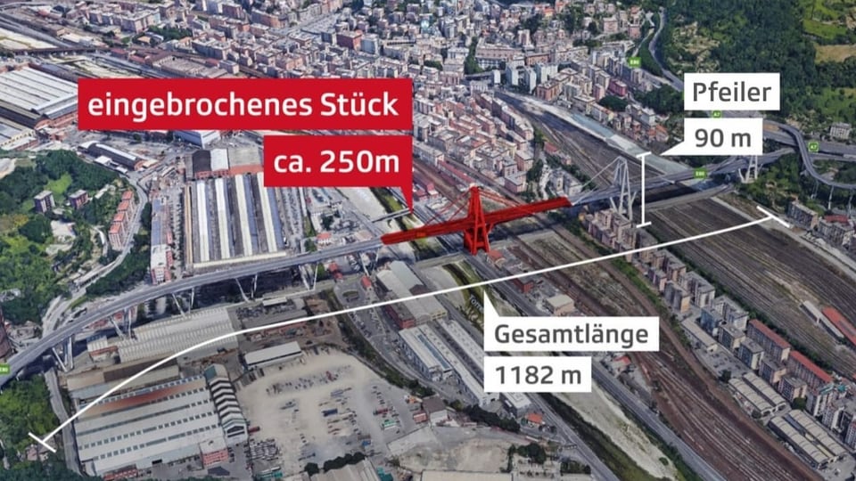 Die Infografik zeigt, welcher Teil der Brücke (derjenige in der Mitte) abgebrochen ist.