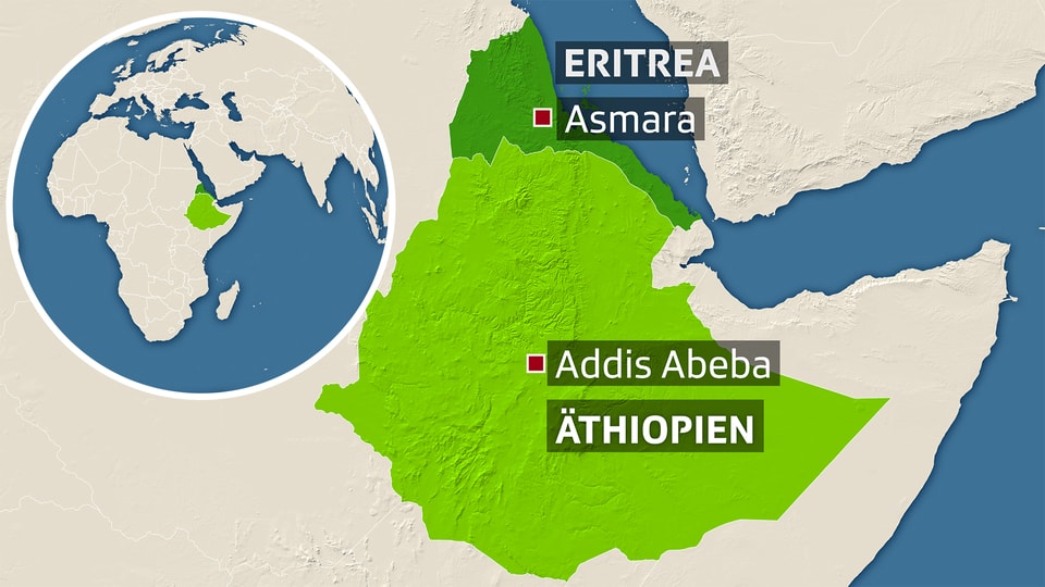 Ländergrenzen von Eritrea und Äthiopien mit den markierten Hauptstädten.
