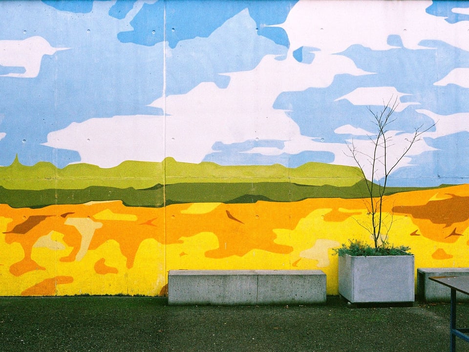 Wandbild im übergitterten Spazierhof des Gefängnis Bässlergut.