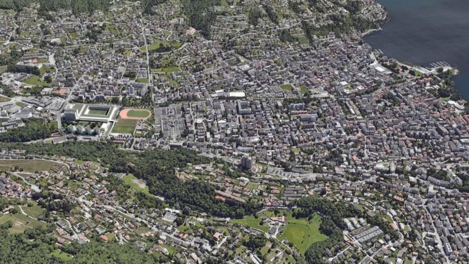 Luftaufnahme der Stadt Lugano mit eingezeichnetem Bauvorhaben.