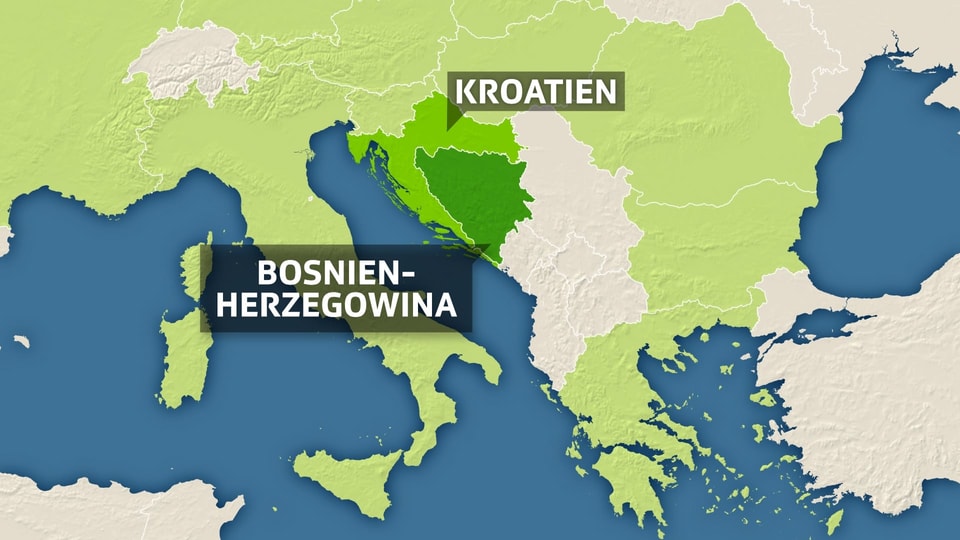 Eine Karte Osteuropas. Bosnien-Herzegowina und Kroatien sind in dunklerem grün eingefärbt als die übrigen EU-Länder und angschrieben.