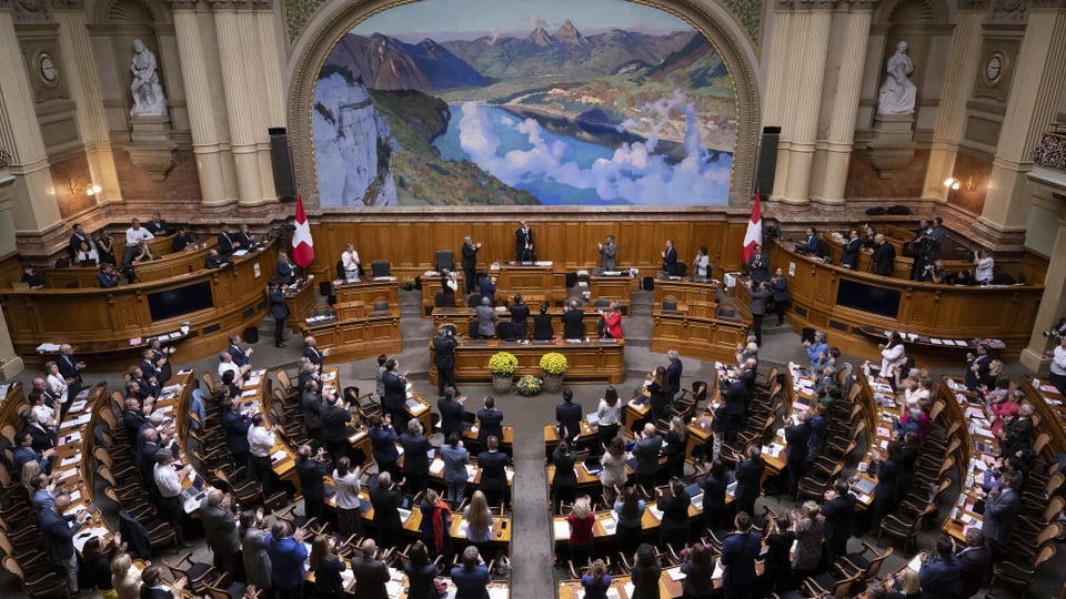 Blick von oben auf die Nationalratskammer; Mitglieder stehen udn klatschen