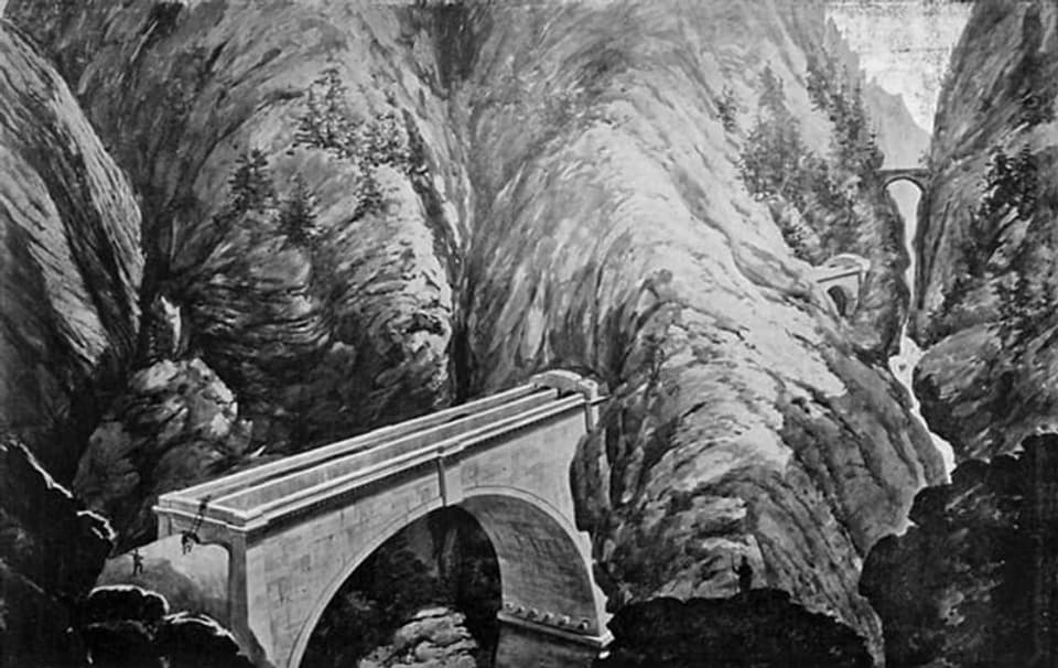 Bleistiftzeichnung, Skizze einer überdachten Brücke in einer Felsschlucht.