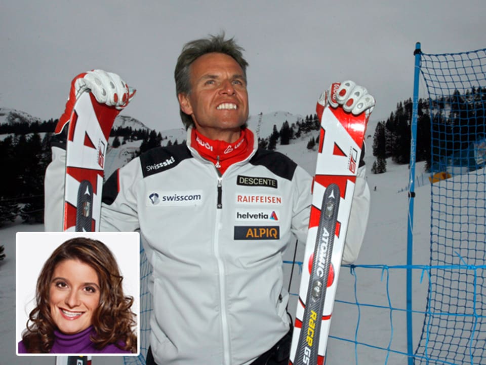Franz Heinzer mit Ski. Klein: Riccarda Trepp.