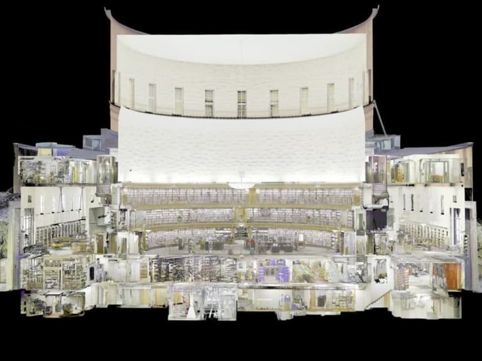 Ein aufgeschnittenes 3-D-Modell einer Bibliothek, etwa wie ein Puppenhaus
