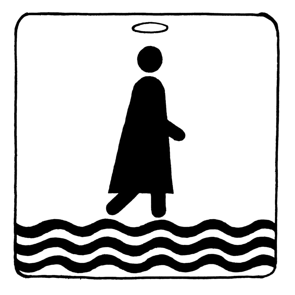 Piktogramm, auf dem Figur mit Heiligenschein über gewellte Linien (Wasser) geht. 