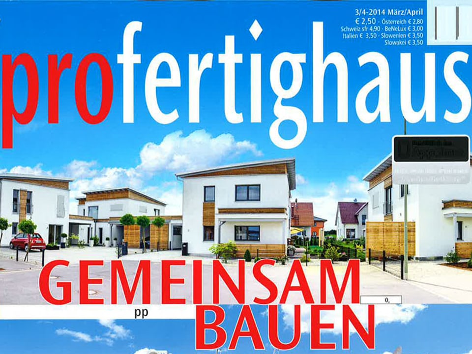 Cover der Zeitschrift Profertighaus. Darauf abgebildet verschiedene Einfamilienhäuser vor blauem Himmel.