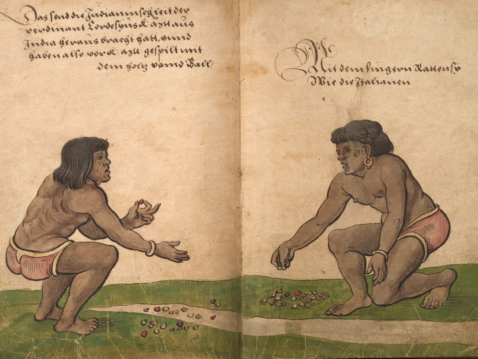Zwei Indianer spielen mit Holzmurmeln.