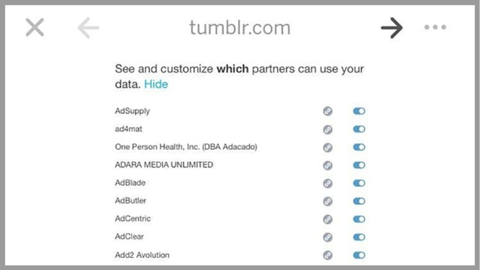 Der Screenshot einer Einstellungs-Seite bei Tumblr, auf der über 300 verschiedene Anbieter abgewählt werden musste, mit denen man seine Daten nicht teilen will.