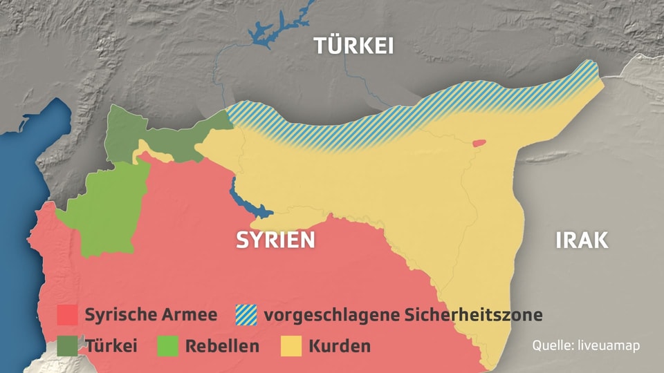 Karte von Nordsyrien mit Einzeichnung der kontrollierten Gebiete.