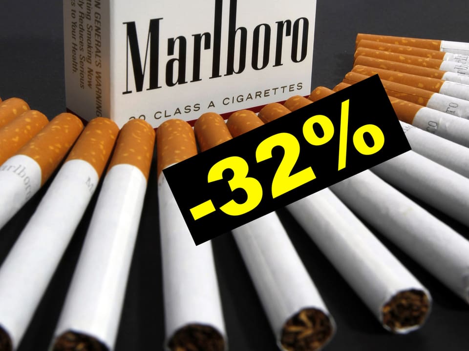 Wie ein Fächer angeordnete Zigaretten, darüber der Schriftzug «-32%»