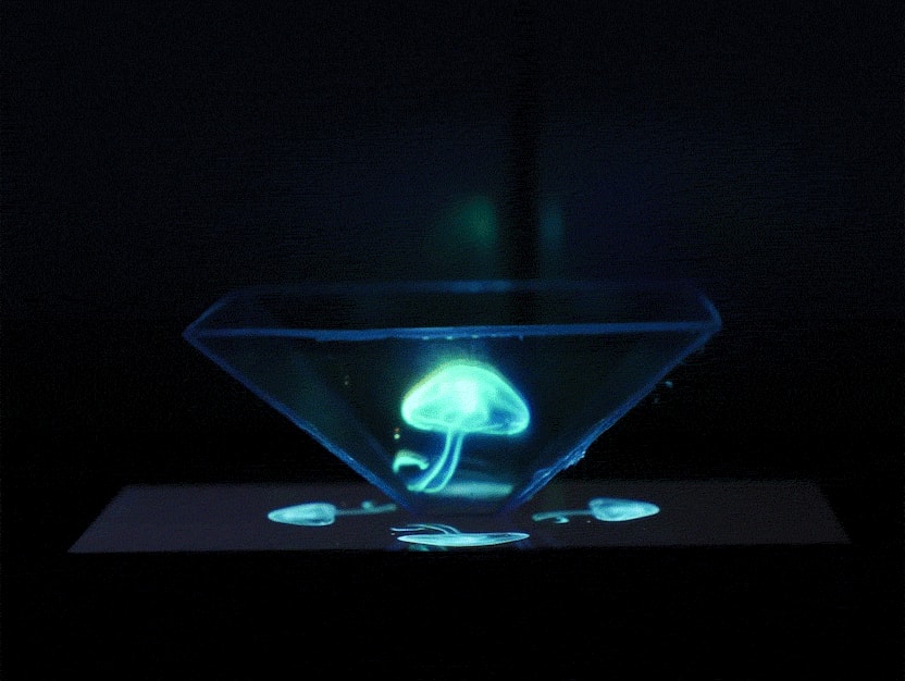 Das Hologramm einer blau leuchtenden Qualle.