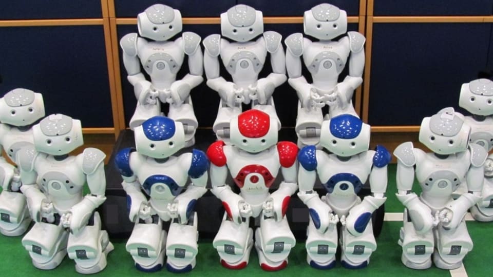 Elf kleine Roboter bilden eine Fussballmannschaft.