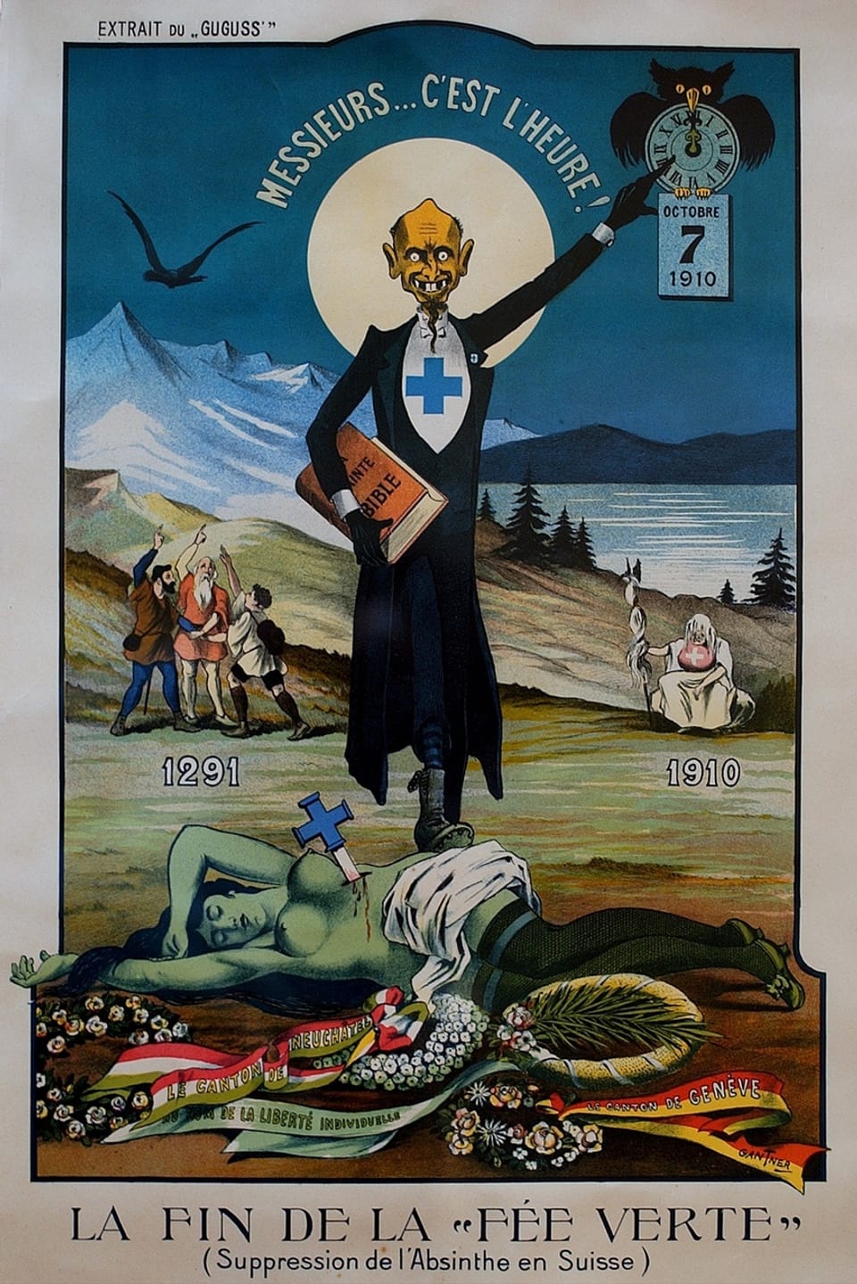 Plakat: Karikatur eines Arztes steht über einer erstochenen grünen Absinth-Fee