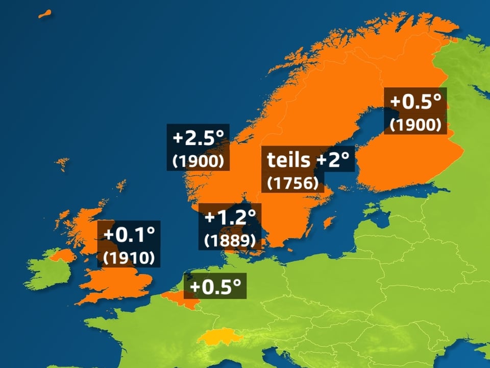 Europakarte mit eingefärbten Ländern. In Norwegen +2.5°, Messreihe beginnt 1900.